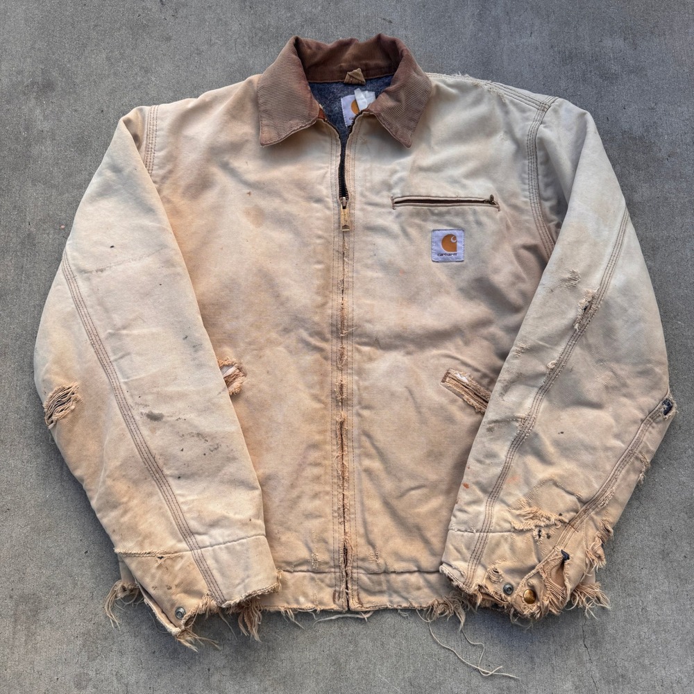 Vintage Carhartt Detroit Jacket Tan Distressed Blanket Lined Canvas L j01 brn
